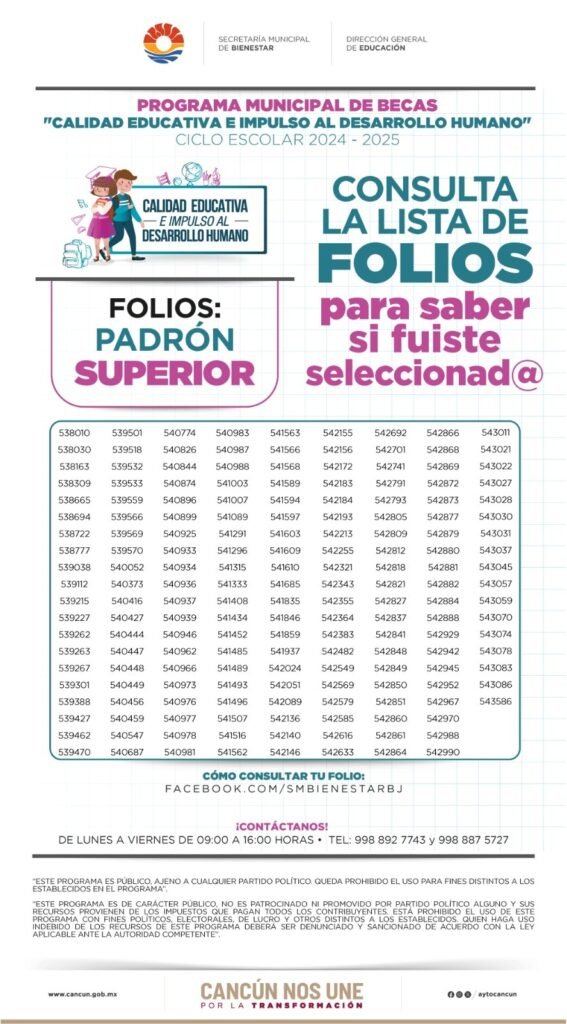 ANUNCIA GOBIERNO DE BJ LISTA DE FOLIOS DE BENEFICIARIOS DE BECAS MUNICIPALES